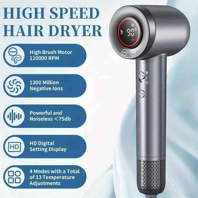 High-Speed Hair Dryer – 110,000 RPM Brushless Motor | Ionic, Low-Noise, 5-Speed | Magnetic Diffuser & Nozzle Included