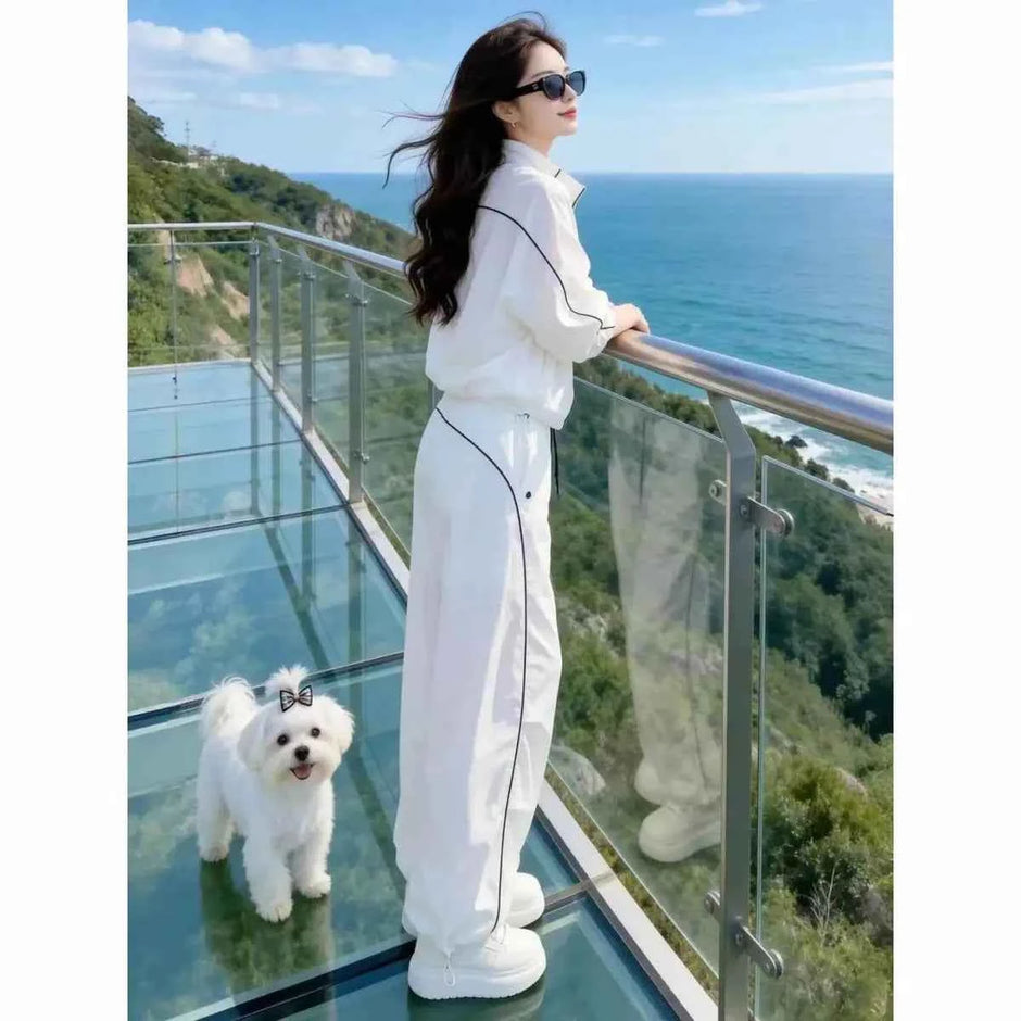 Women's Summer Sunscreen Leisure Sports Two-Piece Set | Zipper Jacket & Wide Leg Pants