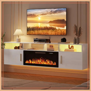 80" Floating TV Stand with 36" Electric Fireplace – Wall Mounted LED Entertainment Center
