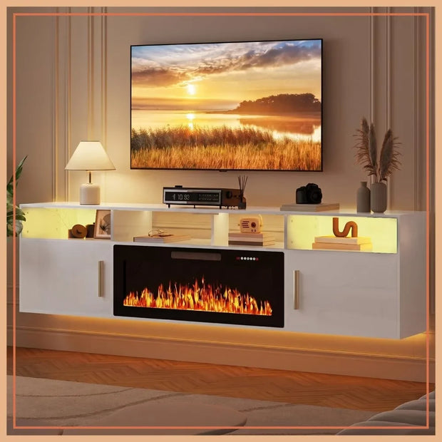 80" Floating TV Stand with 36" Electric Fireplace – Wall Mounted LED Entertainment Center