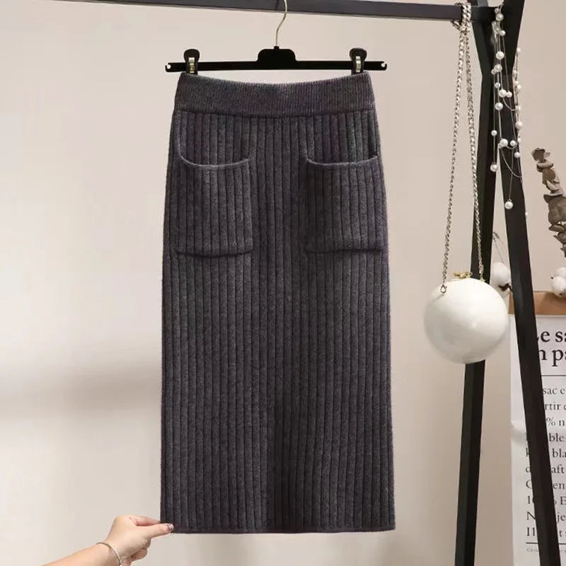 Spring Autumn Women's High Waist Knitted Mid-Calf Elastic Skirt Promotions Lady Patchwork Wrap Hip Spilt Solid Color Skirts