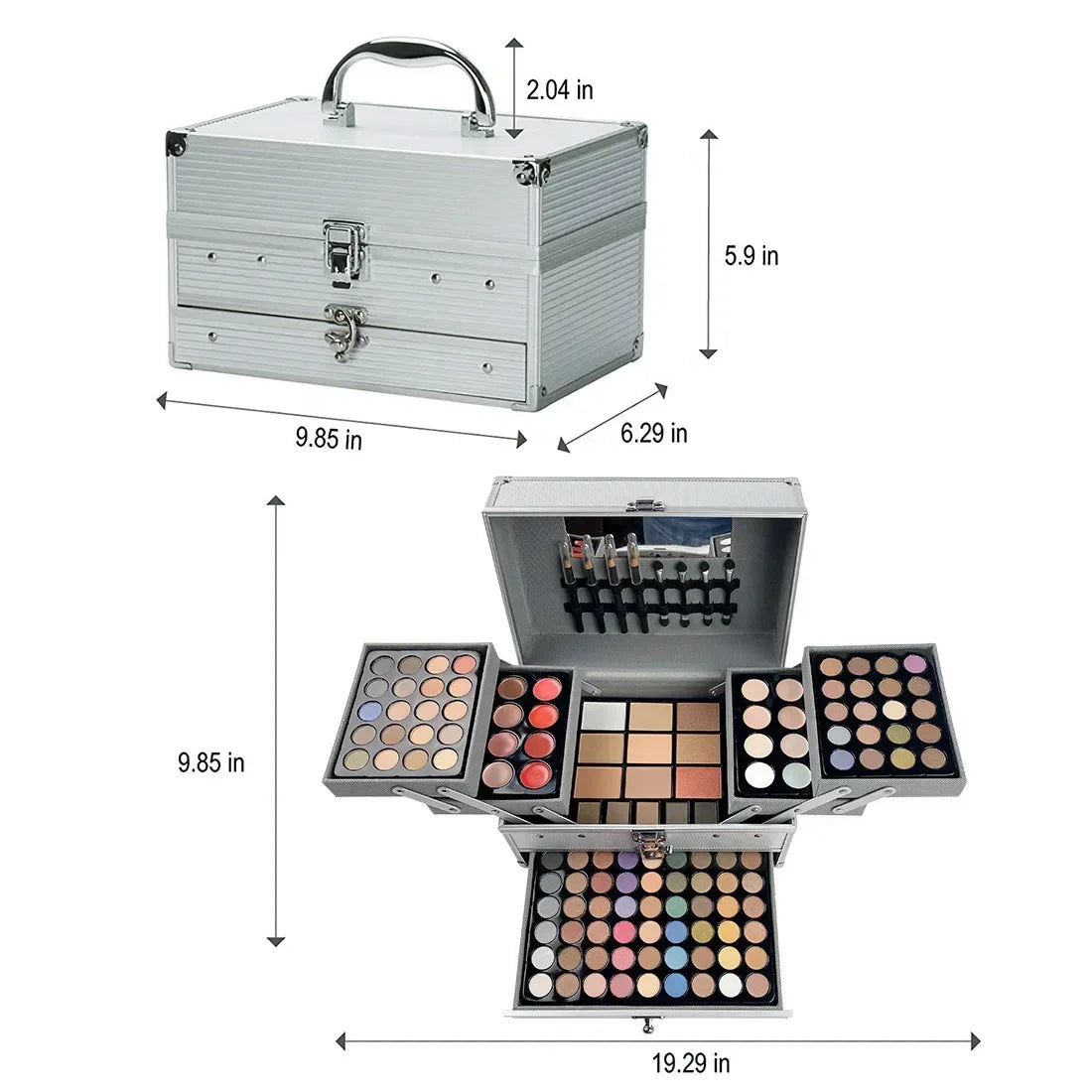 Pro Makeup Artist Case — 3-Layer Silver Aluminum Box | 94 Eyeshadows, Lipstick, Blush, Contour & More