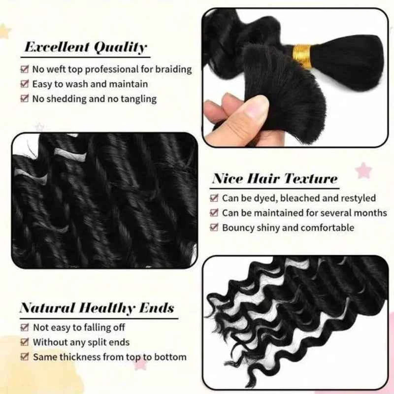 Human Hair Bulk for Braiding — 2 Bundles Deep Wave | Boho Braids, Water Wave, Curly (12–28 Inches)
