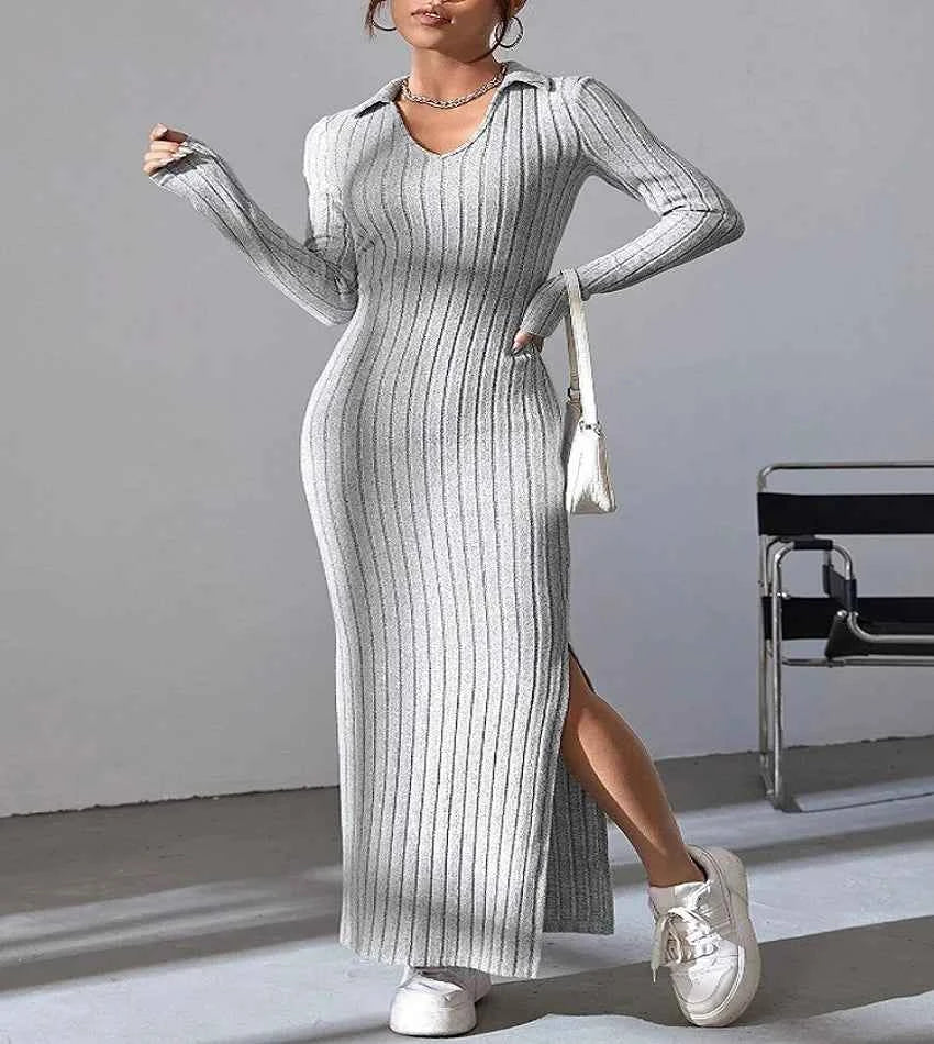 Knitted Slim V-Neck Long Sleeve Dress - Solid Color Ribbed Bodycon | S-XXL | 5 Colors