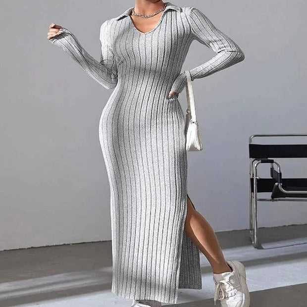 Knitted Slim V-Neck Long Sleeve Dress - Solid Color Ribbed Bodycon | S-XXL | 5 Colors