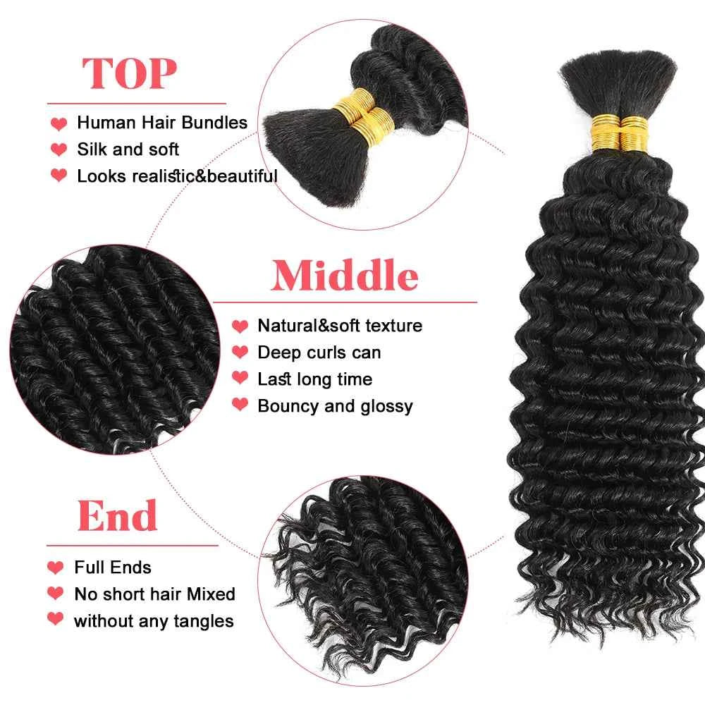 Human Hair Bulk for Braiding — 2 Bundles Deep Wave | Boho Braids, Water Wave, Curly (12–28 Inches)