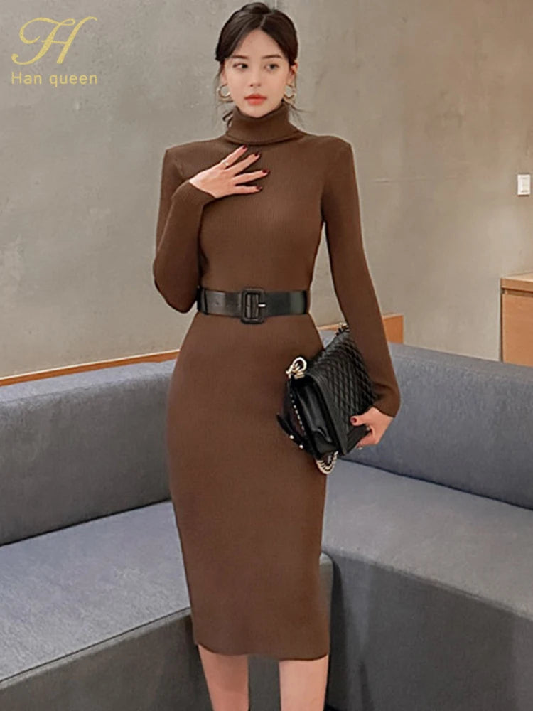 H Han Queen Turtleneck Knit Bodycon Midi Dress with Belt | High Stretch | 5 Colors | One Size