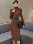 H Han Queen Turtleneck Knit Bodycon Midi Dress with Belt | High Stretch | 5 Colors | One Size