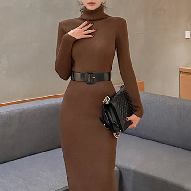 H Han Queen Turtleneck Knit Bodycon Midi Dress with Belt | High Stretch | 5 Colors | One Size