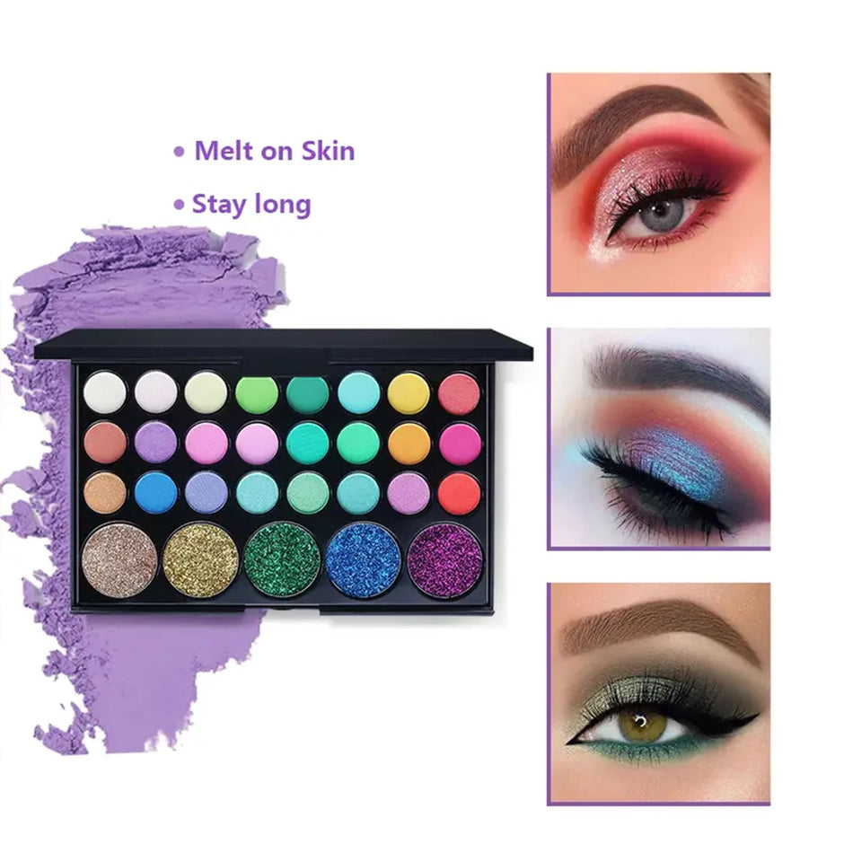 29-Color Eyeshadow Palette Set — Shimmer, Matte & Glitter | Waterproof, Long-Lasting | Festival & Everyday Makeup