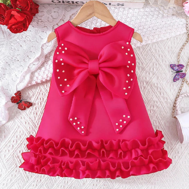 Toddler Girl Party Dress – Sleeveless Bowknot Pearl Cake Dress for Baby Girls 9M-5Y - Gold Store Business