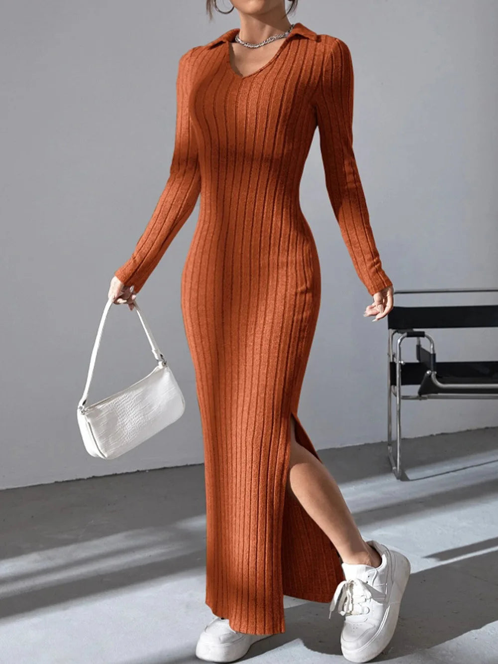 Knitted Slim V-Neck Long Sleeve Dress - Solid Color Ribbed Bodycon | S-XXL | 5 Colors