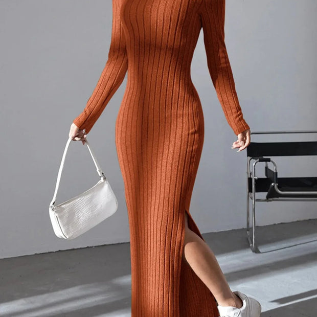 Knitted Slim V-Neck Long Sleeve Dress - Solid Color Ribbed Bodycon | S-XXL | 5 Colors