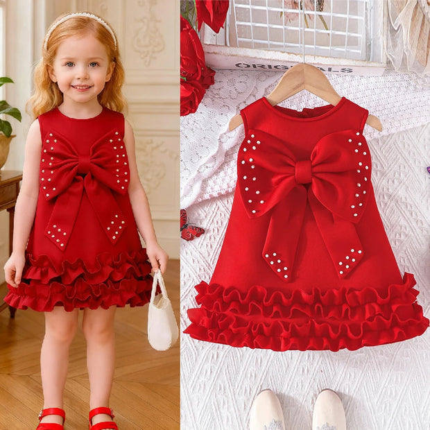 Toddler Girl Party Dress – Sleeveless Bowknot Pearl Cake Dress for Baby Girls 9M-5Y - Gold Store Business