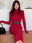 H Han Queen Turtleneck Knit Bodycon Midi Dress with Belt | High Stretch | 5 Colors | One Size