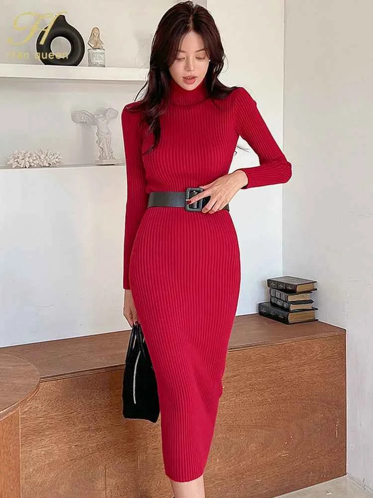 H Han Queen Turtleneck Knit Bodycon Midi Dress with Belt | High Stretch | 5 Colors | One Size