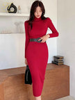 H Han Queen Turtleneck Knit Bodycon Midi Dress with Belt | High Stretch | 5 Colors | One Size