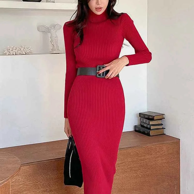 H Han Queen Turtleneck Knit Bodycon Midi Dress with Belt | High Stretch | 5 Colors | One Size