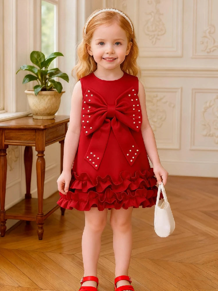 Toddler Girl Party Dress – Sleeveless Bowknot Pearl Cake Dress for Baby Girls 9M-5Y - Gold Store Business