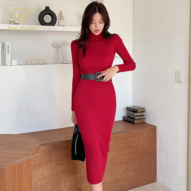 H Han Queen Turtleneck Knit Bodycon Midi Dress with Belt | High Stretch | 5 Colors | One Size