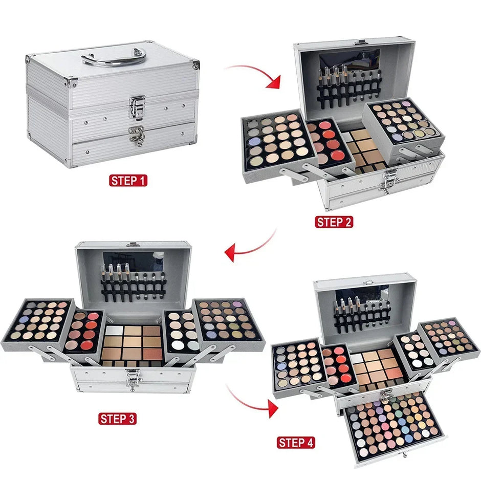 Pro Makeup Artist Case — 3-Layer Silver Aluminum Box | 94 Eyeshadows, Lipstick, Blush, Contour & More