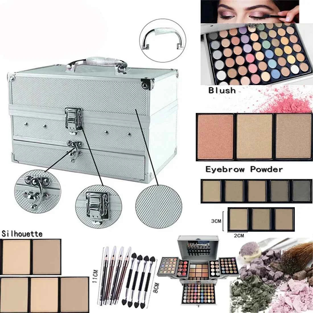 Pro Makeup Artist Case — 3-Layer Silver Aluminum Box | 94 Eyeshadows, Lipstick, Blush, Contour & More