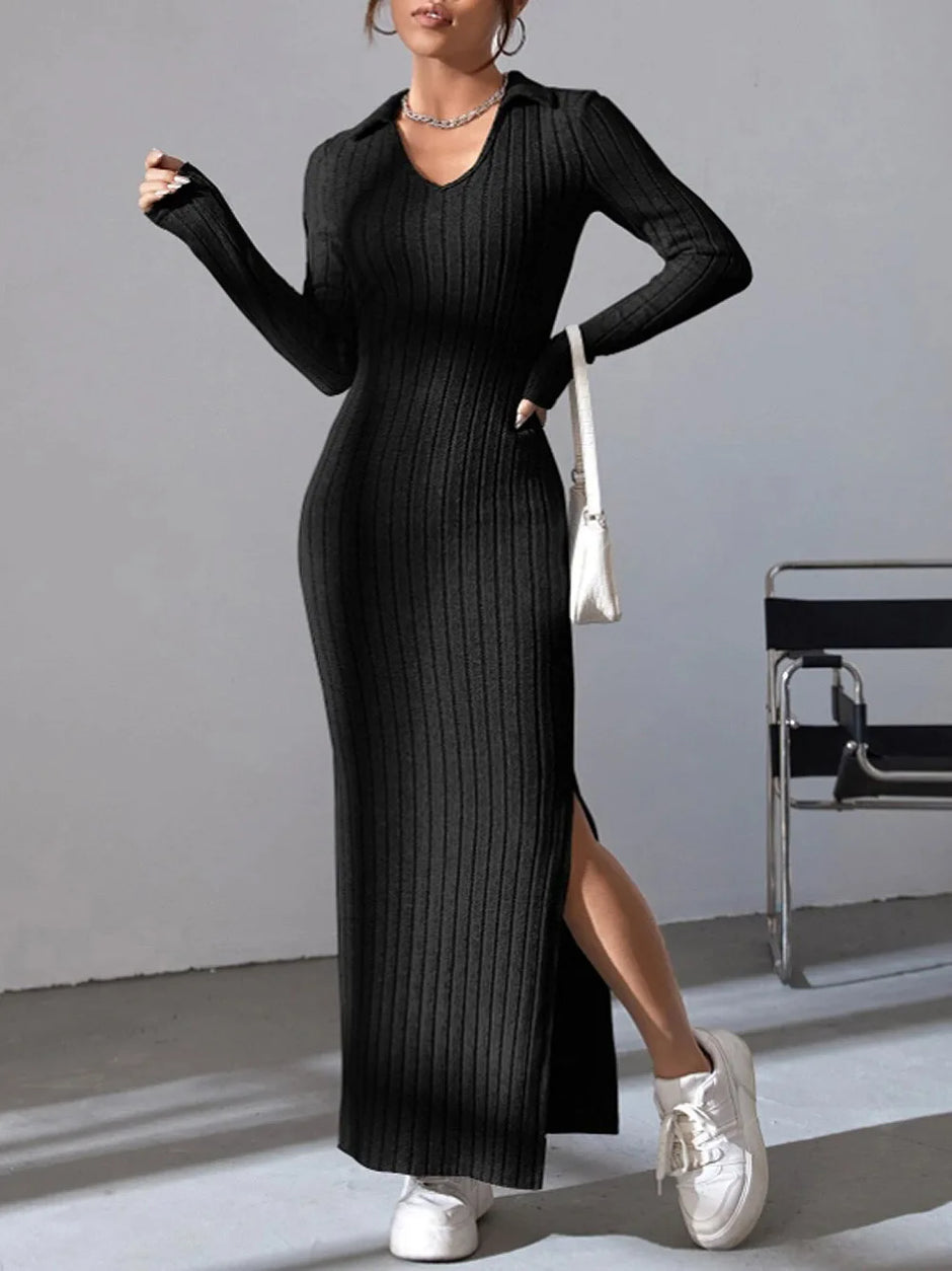 Knitted Slim V-Neck Long Sleeve Dress - Solid Color Ribbed Bodycon | S-XXL | 5 Colors