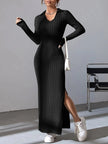 Knitted Slim V-Neck Long Sleeve Dress - Solid Color Ribbed Bodycon | S-XXL | 5 Colors