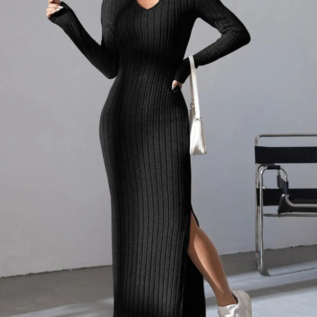 Knitted Slim V-Neck Long Sleeve Dress - Solid Color Ribbed Bodycon | S-XXL | 5 Colors