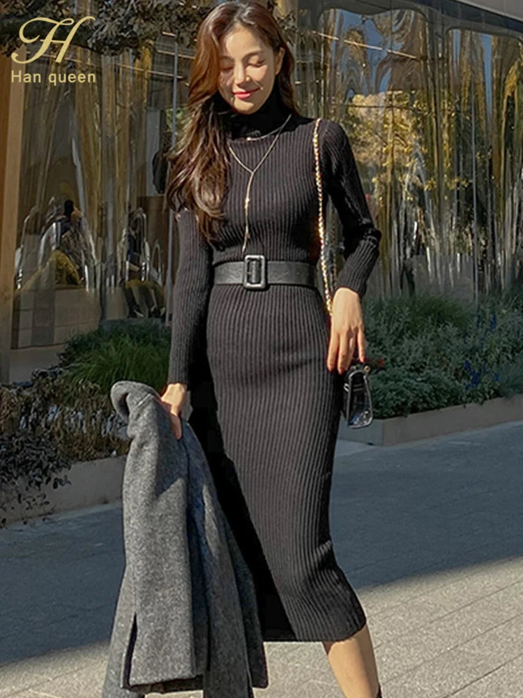 H Han Queen Turtleneck Knit Bodycon Midi Dress with Belt | High Stretch | 5 Colors | One Size