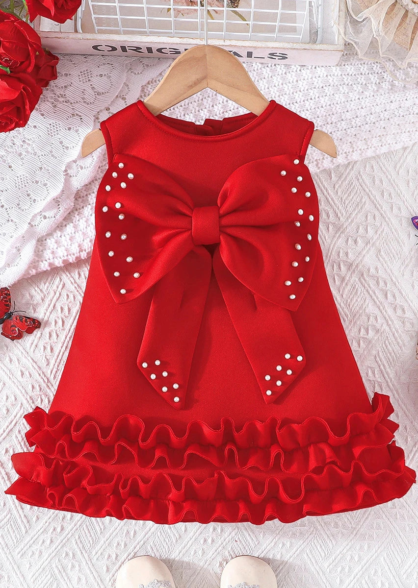 Toddler Girl Party Dress – Sleeveless Bowknot Pearl Cake Dress for Baby Girls 9M-5Y - Gold Store Business