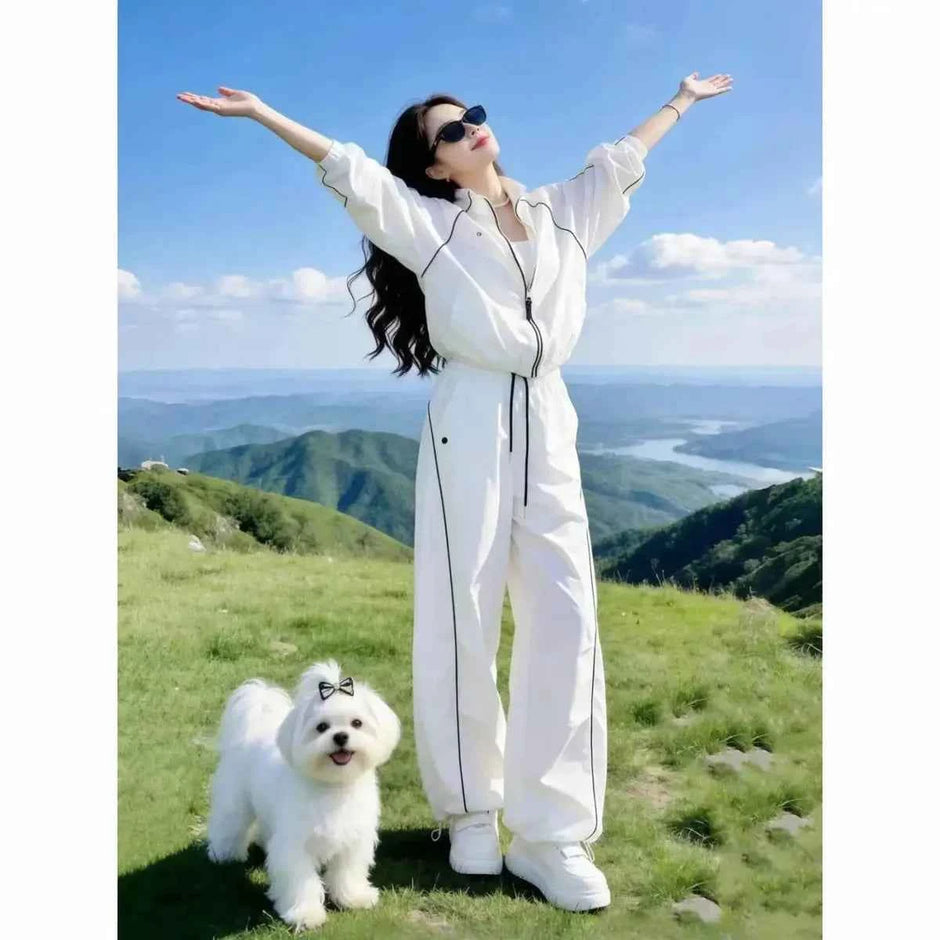 Women's Summer Sunscreen Leisure Sports Two-Piece Set | Zipper Jacket & Wide Leg Pants