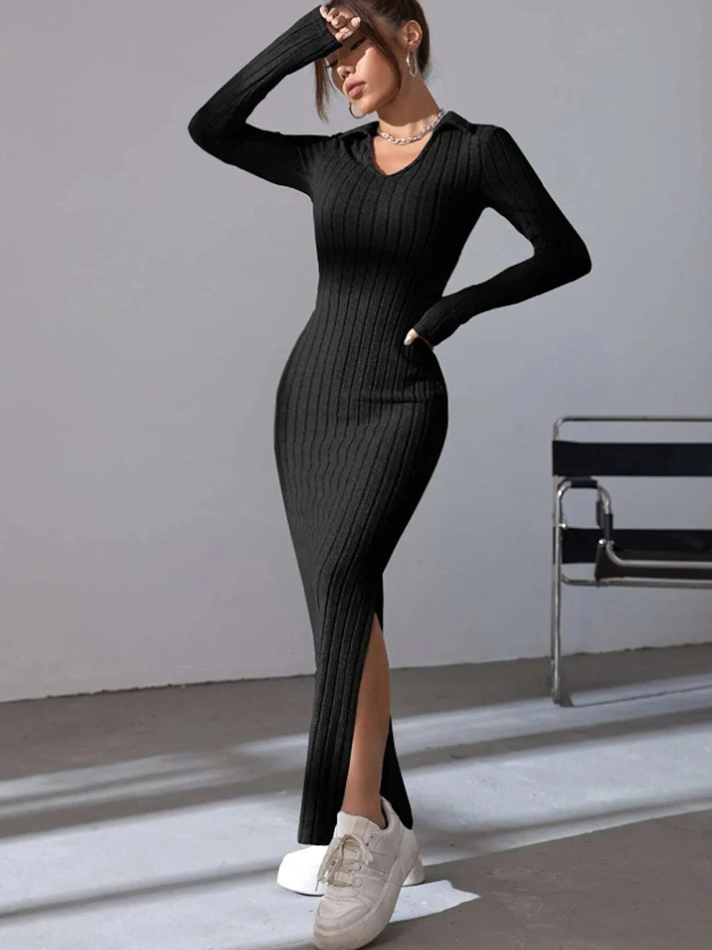 Knitted Slim V-Neck Long Sleeve Dress - Solid Color Ribbed Bodycon | S-XXL | 5 Colors