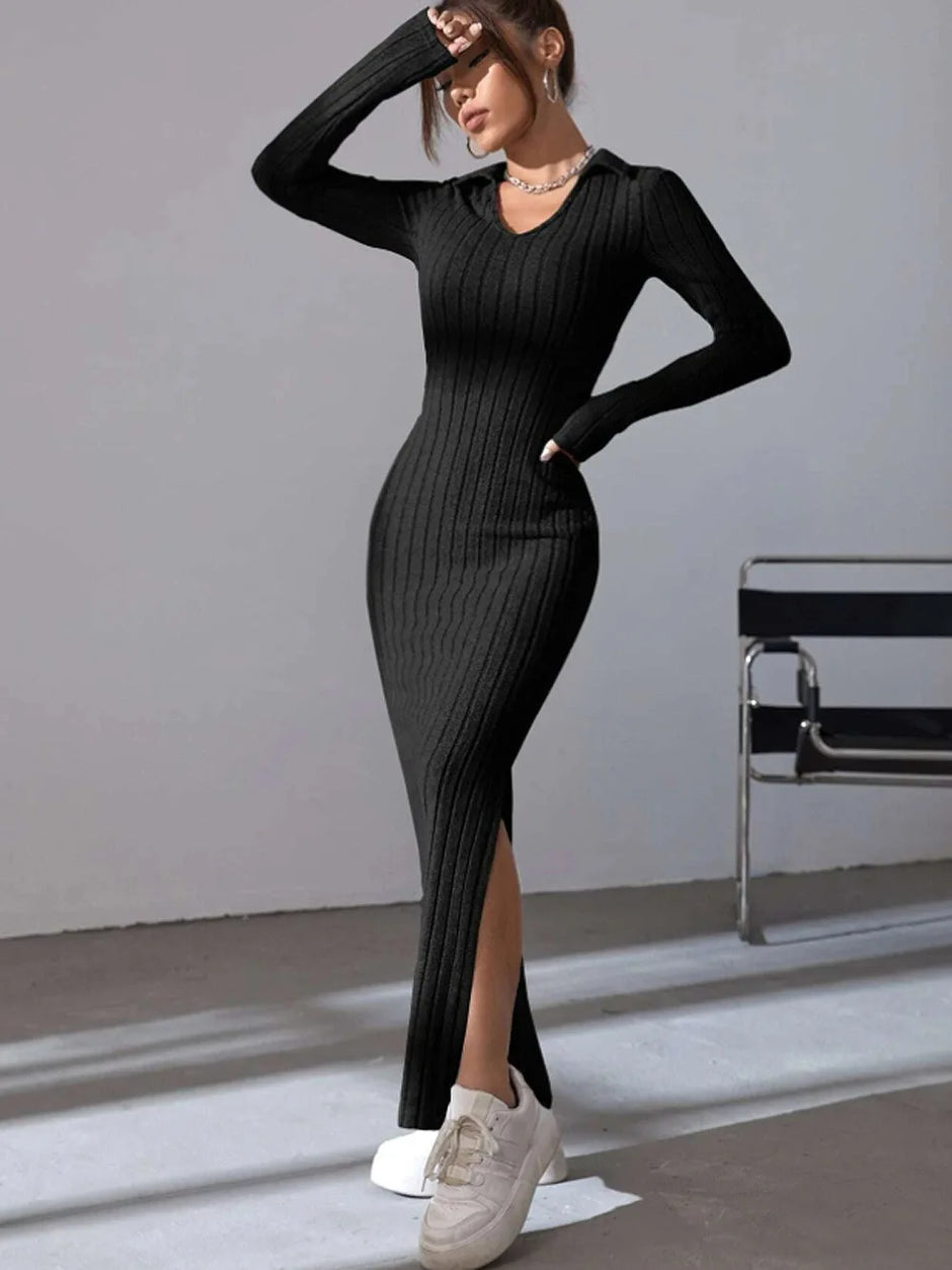 Knitted Slim V-Neck Long Sleeve Dress - Solid Color Ribbed Bodycon | S-XXL | 5 Colors