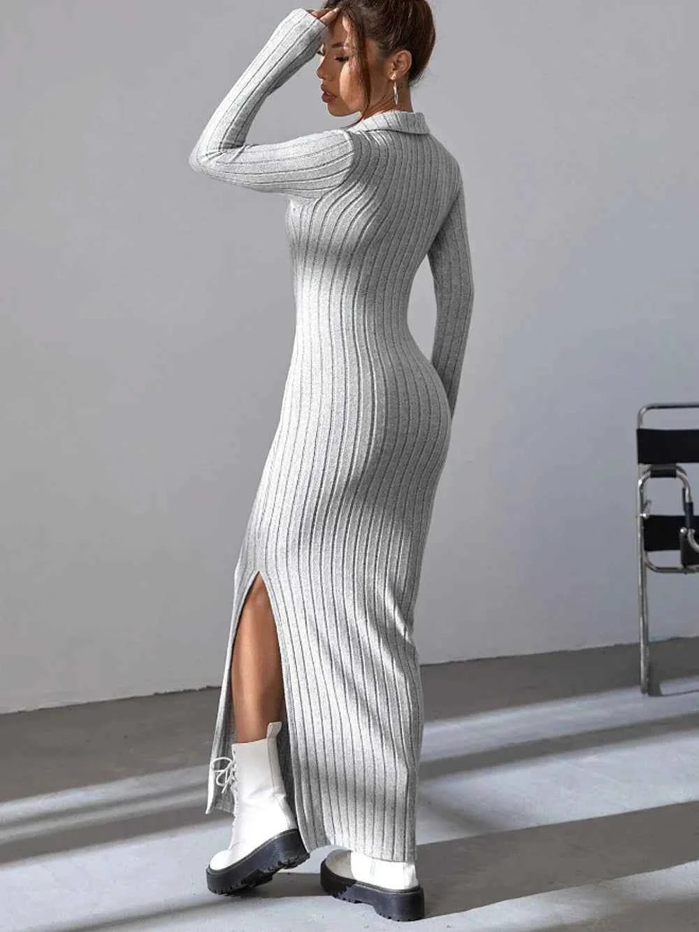 Knitted Slim V-Neck Long Sleeve Dress - Solid Color Ribbed Bodycon | S-XXL | 5 Colors