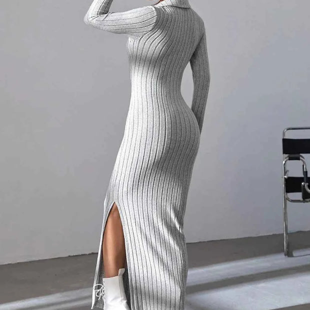 Knitted Slim V-Neck Long Sleeve Dress - Solid Color Ribbed Bodycon | S-XXL | 5 Colors