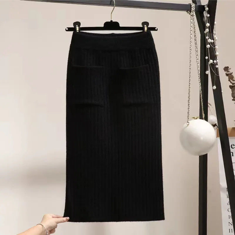 Spring Autumn Women's High Waist Knitted Mid-Calf Elastic Skirt Promotions Lady Patchwork Wrap Hip Spilt Solid Color Skirts