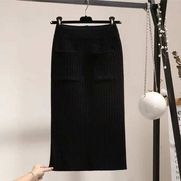 Spring Autumn Women's High Waist Knitted Mid-Calf Elastic Skirt Promotions Lady Patchwork Wrap Hip Spilt Solid Color Skirts