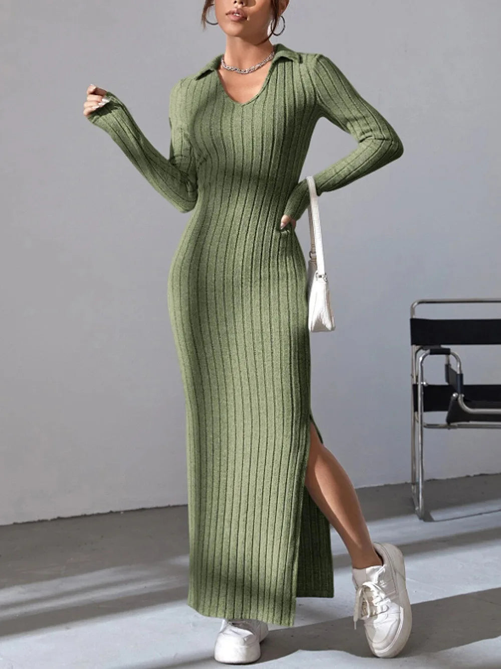 Knitted Slim V-Neck Long Sleeve Dress - Solid Color Ribbed Bodycon | S-XXL | 5 Colors