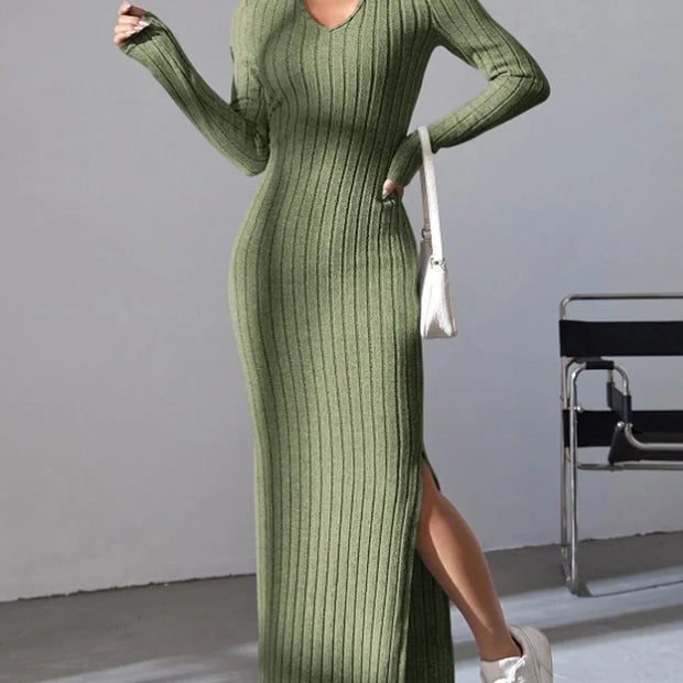 Knitted Slim V-Neck Long Sleeve Dress - Solid Color Ribbed Bodycon | S-XXL | 5 Colors