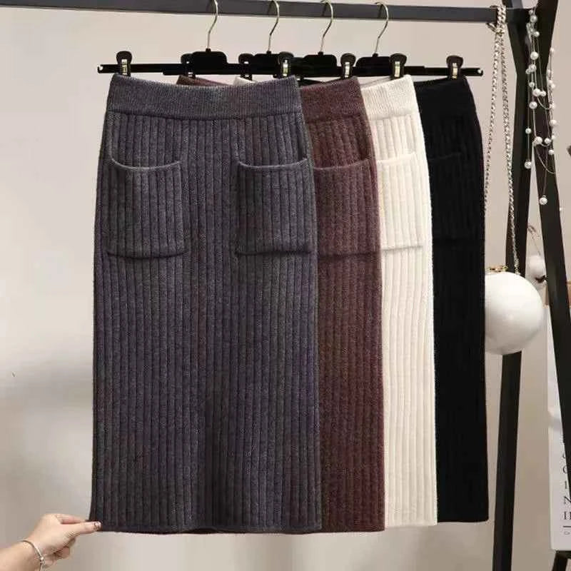 Spring Autumn Women's High Waist Knitted Mid-Calf Elastic Skirt Promotions Lady Patchwork Wrap Hip Spilt Solid Color Skirts