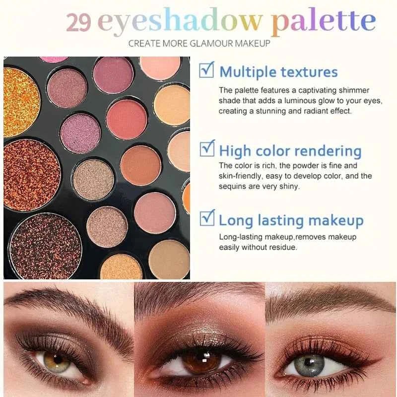 29-Color Eyeshadow Palette Set — Shimmer, Matte & Glitter | Waterproof, Long-Lasting | Festival & Everyday Makeup