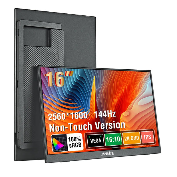 16" 2.5K 144Hz Portable Monitor | 2560×1600 IPS | 16:10 | 500 Nits | 100% sRGB | Touch Screen | USB-C | HDMI | Built-in Speakers | Laptop Switch PS4 PS5 Xbox