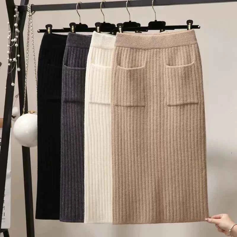 Spring Autumn Women's High Waist Knitted Mid-Calf Elastic Skirt Promotions Lady Patchwork Wrap Hip Spilt Solid Color Skirts