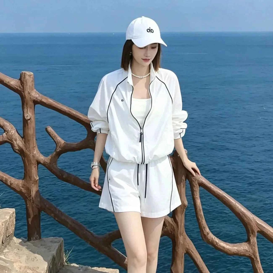 Women's Summer Sunscreen Leisure Sports Two-Piece Set | Zipper Jacket & Wide Leg Pants