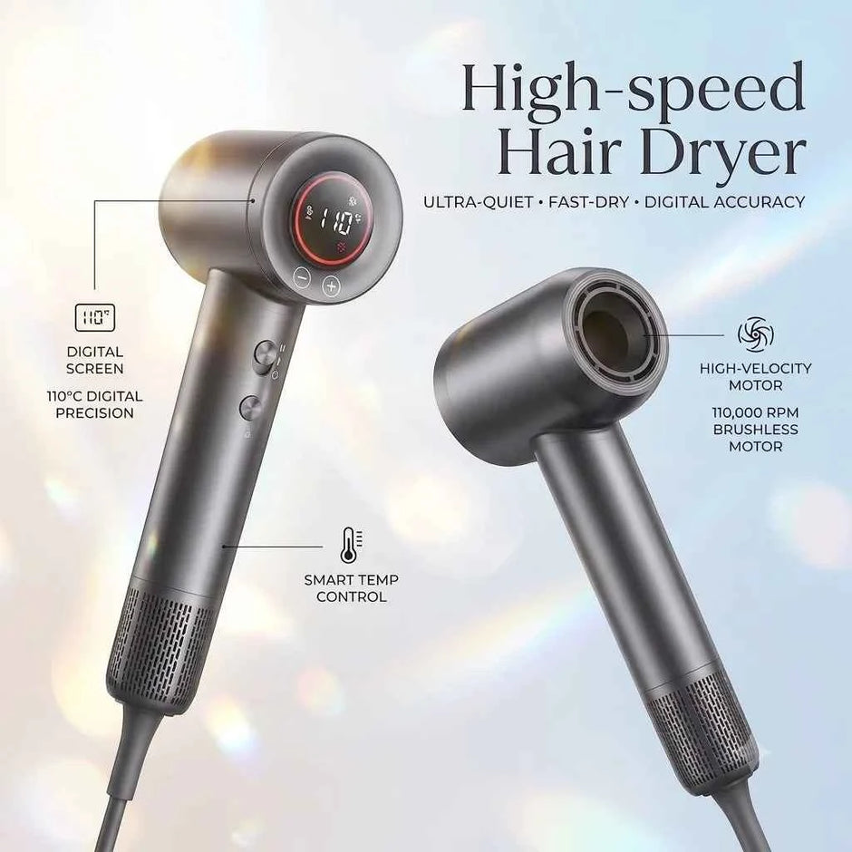 High-Speed Hair Dryer – 110,000 RPM Brushless Motor | Ionic, Low-Noise, 5-Speed | Magnetic Diffuser & Nozzle Included