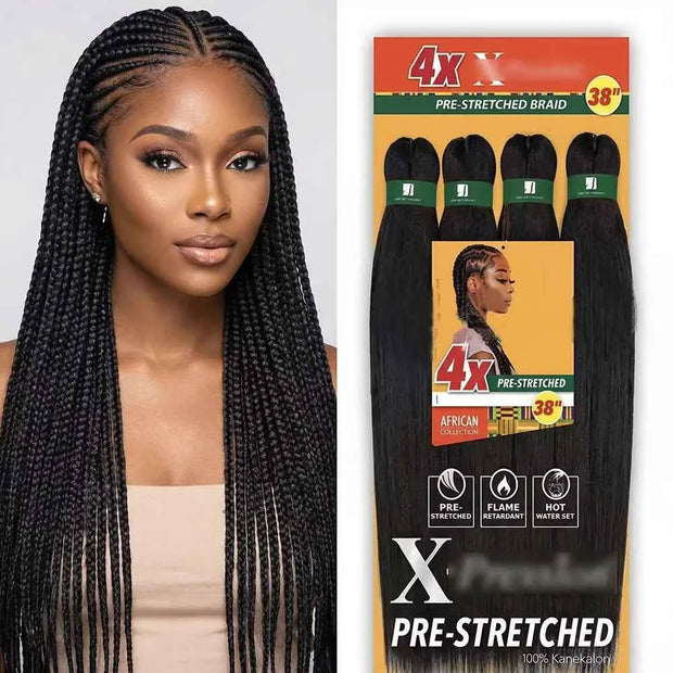 38" Pre-Stretched Braiding Hair — Soft Yaki Texture, Hot Water Set, 4x Pack for Box Braids & Twists