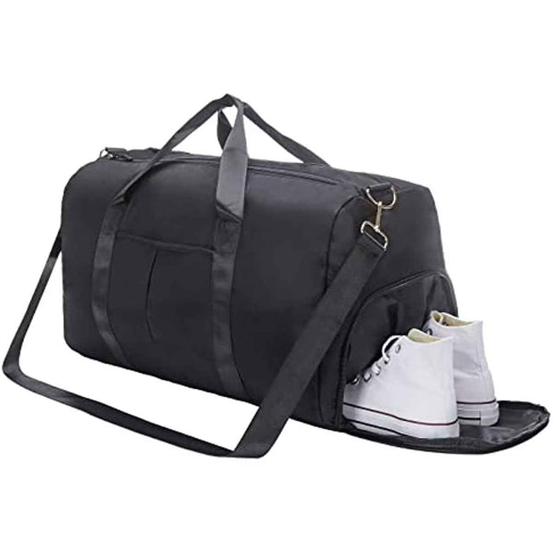 Sports Gym Bag Travel Duffel Bag Waterproof Weekender Overnight Tote Carry on Bag with Wet Pocket & Shoes Compartment for Men Women Lightweight Adjustable Strap Black