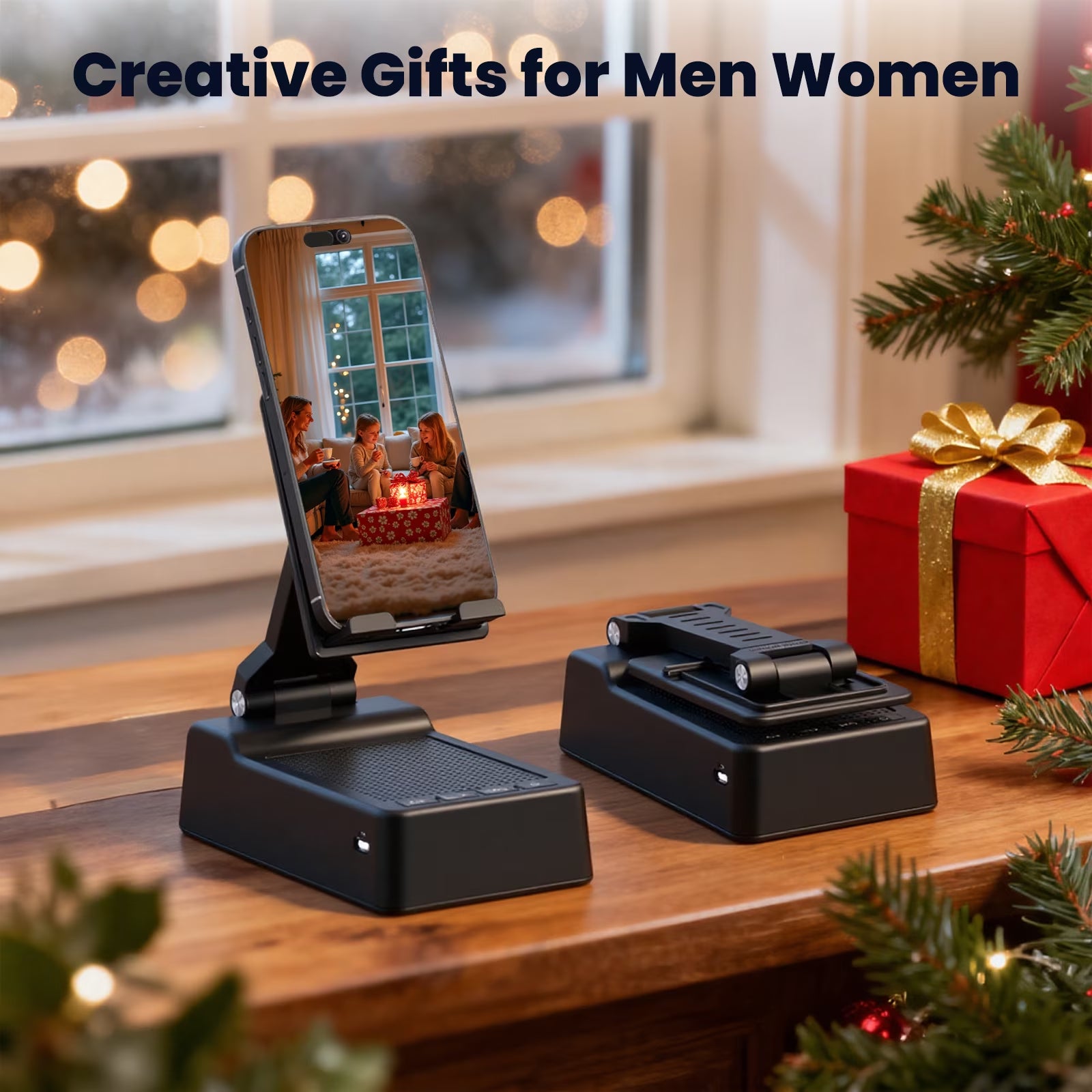 Bluetooth Speaker with Phone Stand -  2 in 1 Portable HD Surround Sound Speaker, Foldable Adjustable Phone Tablet Holder for Home Office, Gifts for Men Women