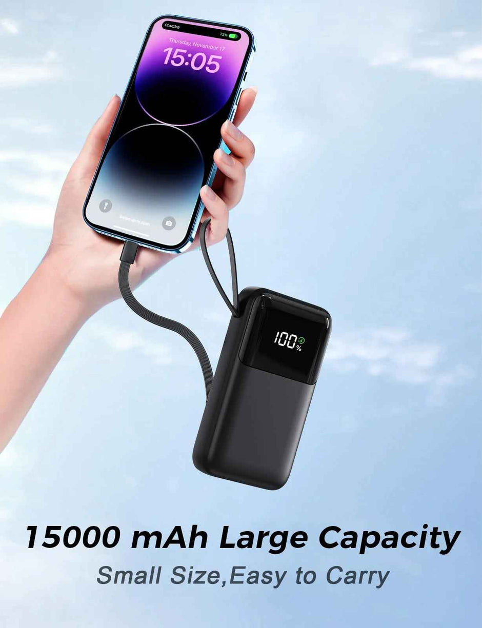 15,000mAh Power Bank | 22.5W Fast Charging, Built-In Cables, 6 Outputs, LED Display — Black